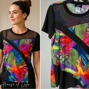 NWT bright tropical soft t shirt summer top colourful black mesh detail.